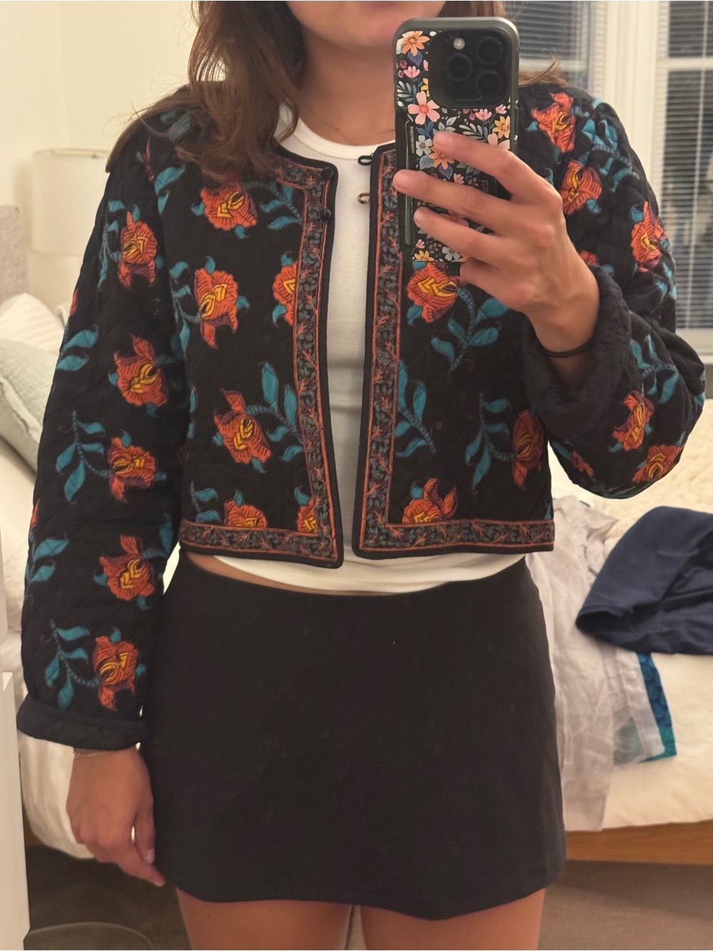 Quilted Floral Cropped Jacket - Black with Orange & Teal